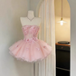 Charming Homecoming Dress Strapless Flower Tulle Short Prom Dress Back to School Outfits Party Dress  D6070