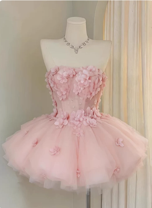 Charming Homecoming Dress Strapless Flower Tulle Short Prom Dress Back to School Outfits Party Dress  D6070