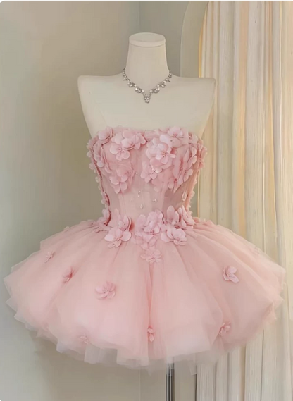 Charming Homecoming Dress Strapless Flower Tulle Short Prom Dress Back to School Outfits Party Dress  D6070