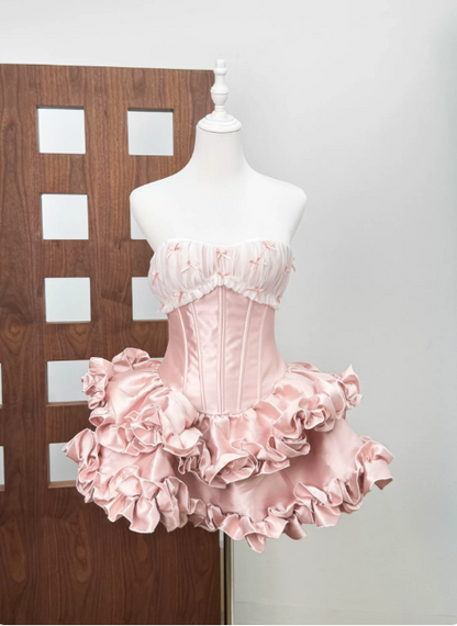 Sweet Homecoming Dress Strapless Lace Flouning Cascade Short Prom Dress Back to School Outfits Party Dress  D6074