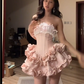 Sweet Homecoming Dress Strapless Lace Flouning Cascade Short Prom Dress Back to School Outfits Party Dress  D6074