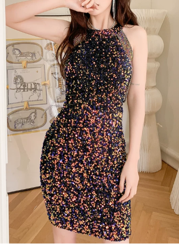 Shimmering Homecoming Dress Halter Sequins Prom Dress Back to School Outfits Party Dress  D6163