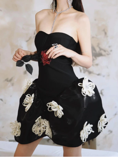 Fashionable Homecoming Dress Strapless Flowers Tulle Prom Dress Back to School Outfits Party Dress  D6166