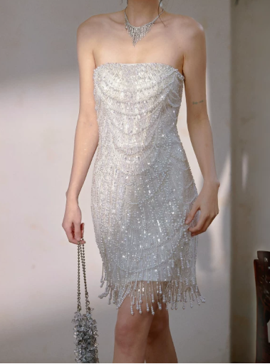 Shimmering Homecoming Dress Strapless Pearl Tassel Prom Dress Back to School Outfits Party Dress  D6167