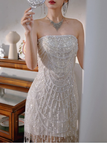 Shimmering Homecoming Dress Strapless Pearl Tassel Prom Dress Back to School Outfits Party Dress  D6167