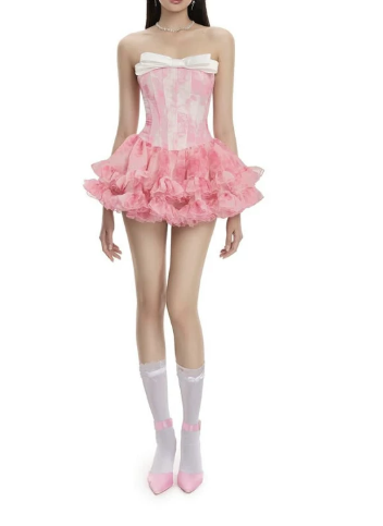 New Homecoming Dress Strapless Cascade Bowknot Prom Dress Back to School Outfits Party Dress  D6195