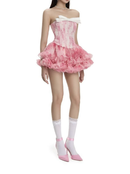New Homecoming Dress Strapless Cascade Bowknot Prom Dress Back to School Outfits Party Dress  D6195