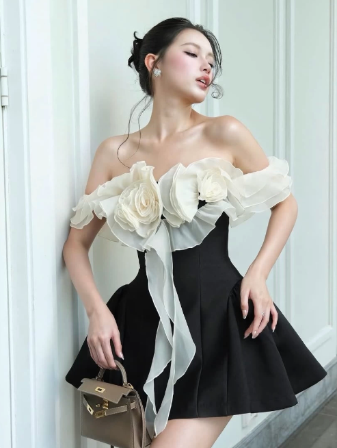 Charming Homecoming Dress Strapless Flower Prom Dress Back to School Outfits Party Dress  D6197