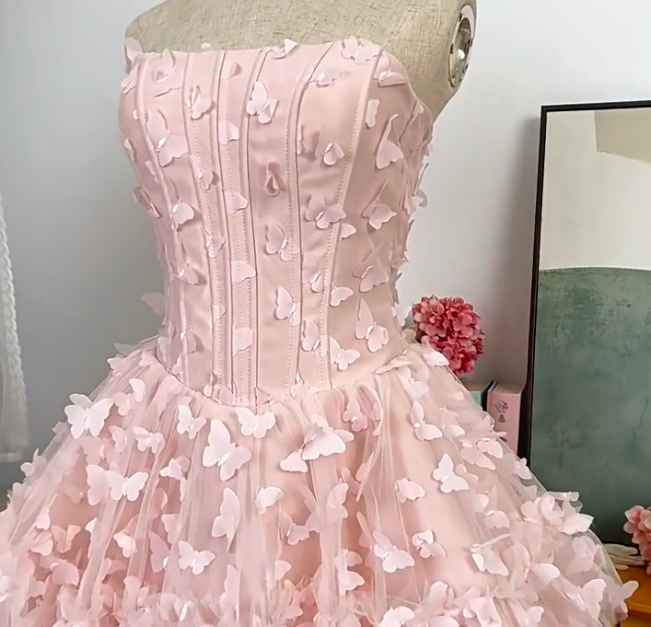 Elegant Homecoming Dress Strapless Cascade Butterfly Prom Dress Back to School Outfits Party Dress  D6205