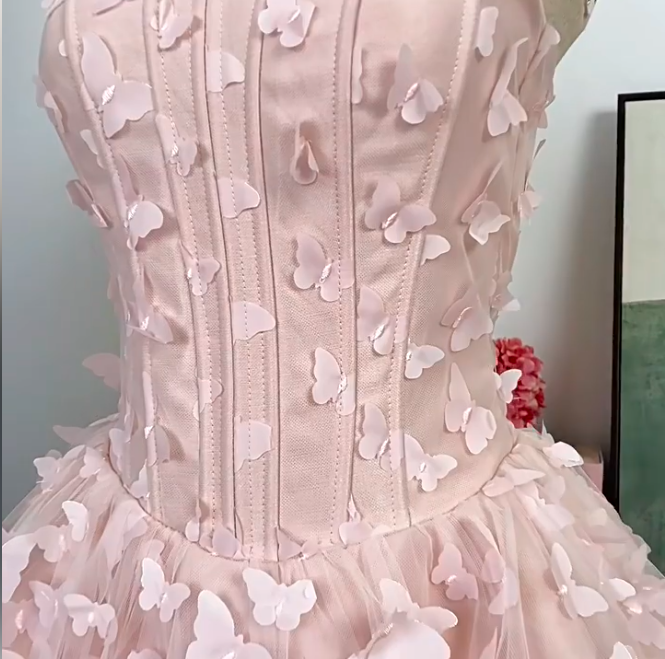 Elegant Homecoming Dress Strapless Cascade Butterfly Prom Dress Back to School Outfits Party Dress  D6205