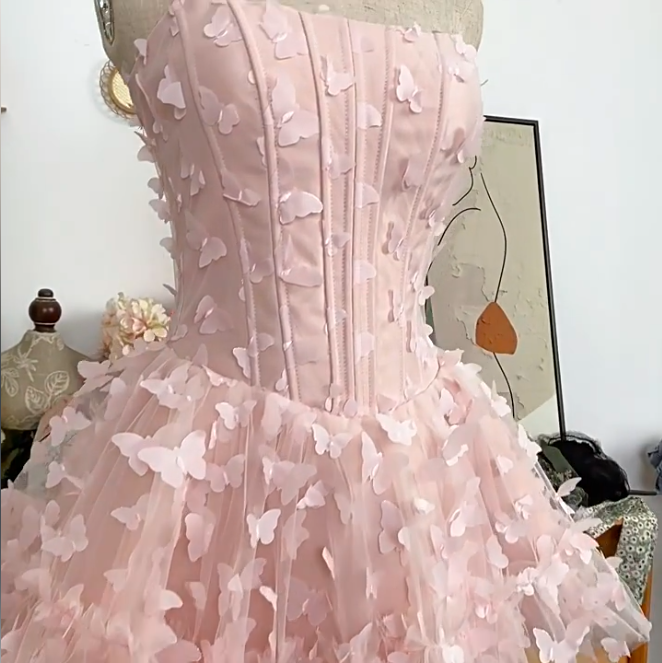 Elegant Homecoming Dress Strapless Cascade Butterfly Prom Dress Back to School Outfits Party Dress  D6205