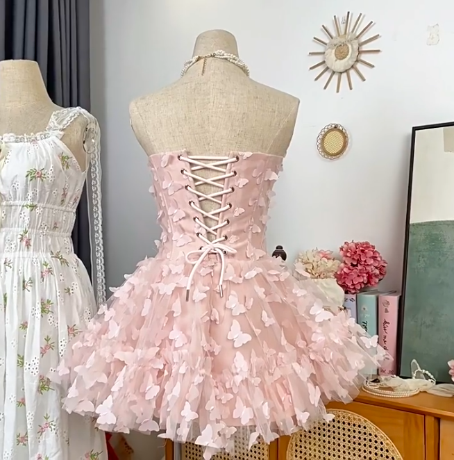 Elegant Homecoming Dress Strapless Cascade Butterfly Prom Dress Back to School Outfits Party Dress  D6205