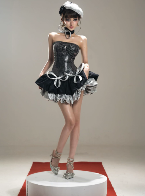 Cool Homecoming Dress Spaghetti Strap Sequin Cascade Prom Dress Back to School Outfits Party Dress  D6217