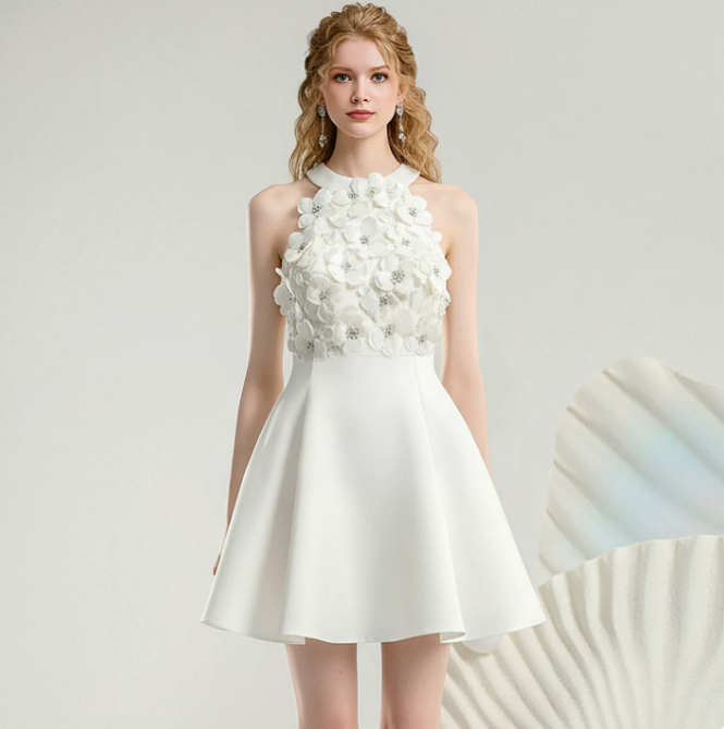 New Homecoming Dress Halter Flower Beaded Prom Dress Back to School Outfits Party Dress  D6238