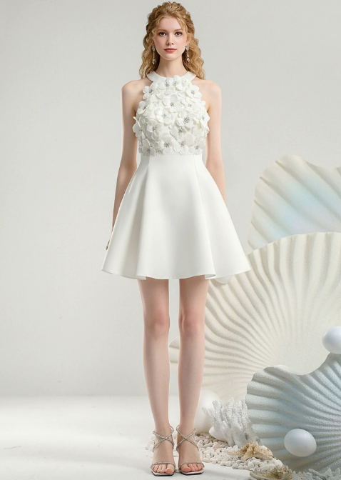 New Homecoming Dress Halter Flower Beaded Prom Dress Back to School Outfits Party Dress  D6238