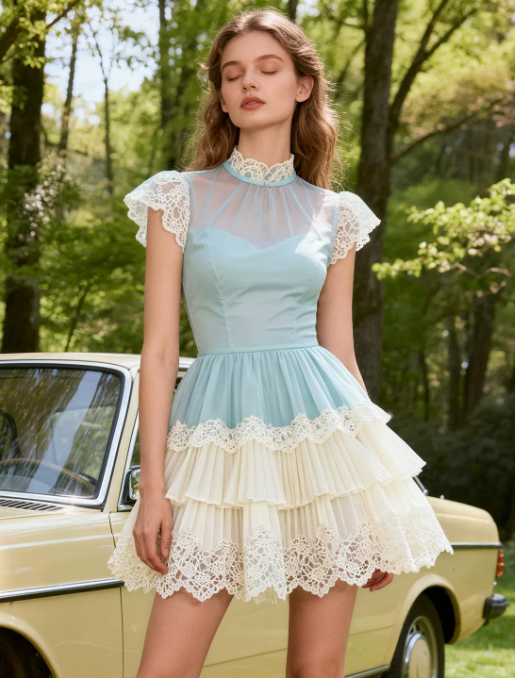 Stunning Homecoming Dress High Collar Lace Cascade Prom Dress Back to School Outfits Party Dress  D6252