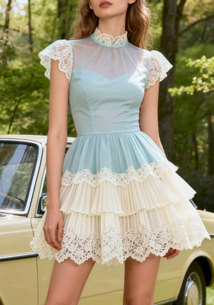 Stunning Homecoming Dress High Collar Lace Cascade Prom Dress Back to School Outfits Party Dress  D6252