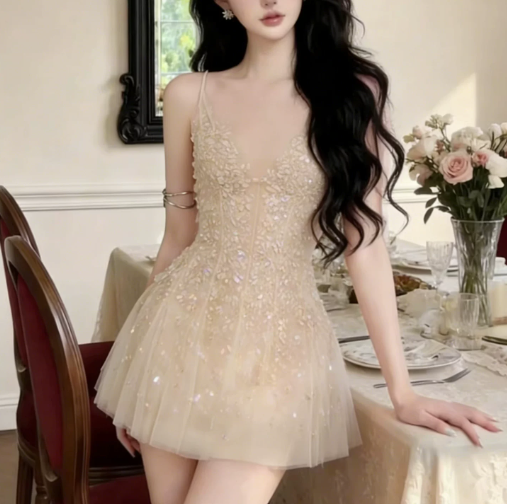 New Homecoming Dress Spaghetti Strap Lace Applique Prom Dress Back to School Outfits Party Dress  D6257