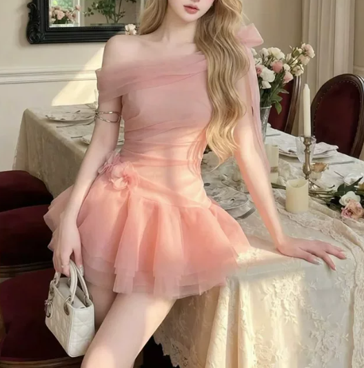 Sweet Homecoming Dress One Shoulder Flower Tulle Prom Dress Back to School Outfits Party Dress  D6260