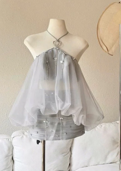 Pretty Homecoming Dress Halter Tulle Beaded Prom Dress Back to School Outfits Party Dress  D6275