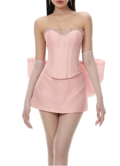 Pretty Homecoming Dress Sweetheart Bowknot Rinestone Prom Dress Back to School Outfits Party Dress  D6297