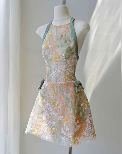 Pretty Homecoming Dress Halter Bowknot Lace Prom Dress Back to School Outfits Party Dress  D6298