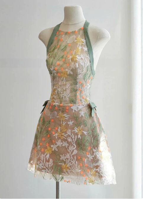 Pretty Homecoming Dress Halter Bowknot Lace Prom Dress Back to School Outfits Party Dress  D6298