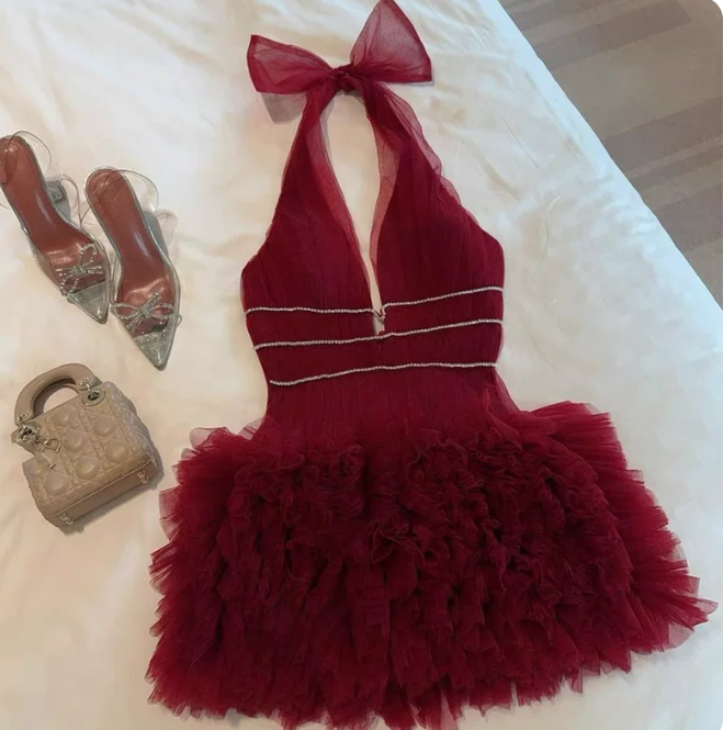 Charming Homecoming Dress Halter Tulle Lace Prom Dress Back to School Outfits Party Dress  D6304