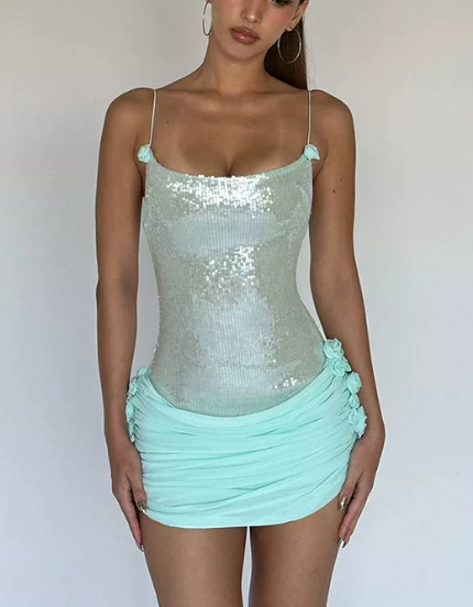 Shiny Homecoming Dress Spaghetti Strap Sequins Tulle Flower Prom Dress Back to School Outfits Party Dress  D6311