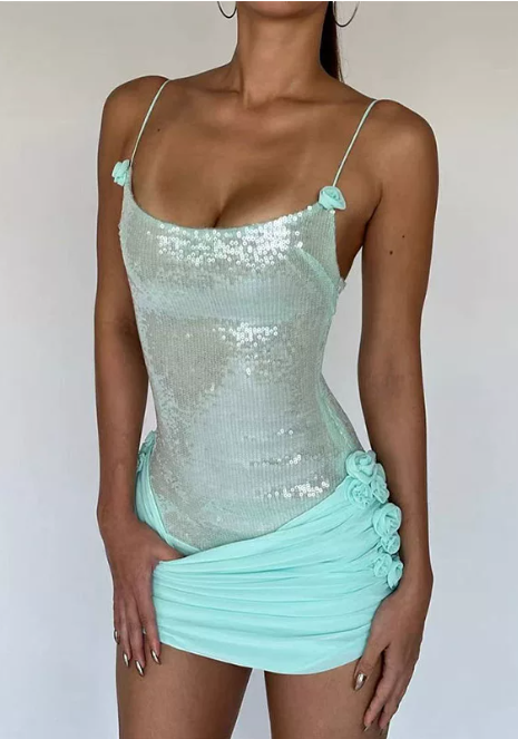Shiny Homecoming Dress Spaghetti Strap Sequins Tulle Flower Prom Dress Back to School Outfits Party Dress  D6311