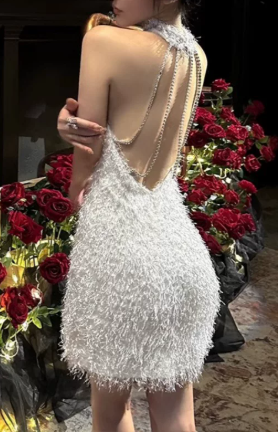 Shiny Homecoming Dress Halter Tassel Prom Dress Back to School Outfits Party Dress  D6326