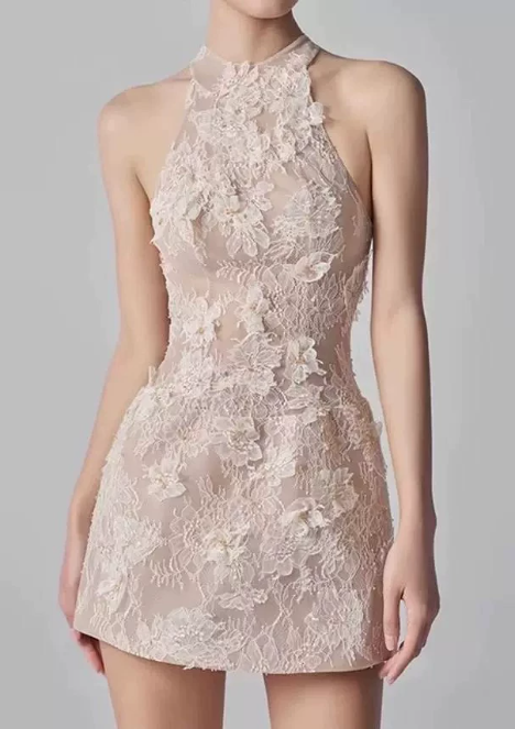 Elegant Homecoming Dress Halter Lace Applique Dress Back to School Outfits Party Dress  D6328