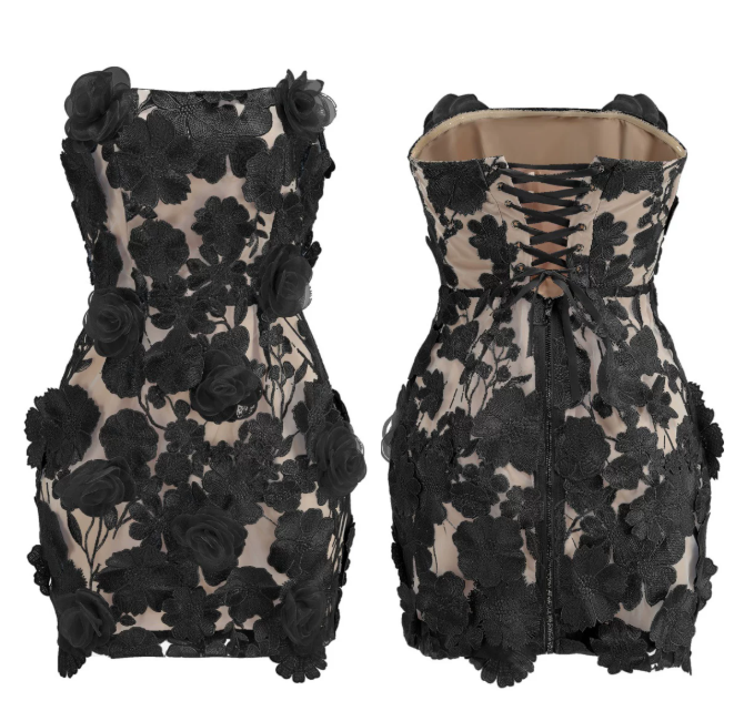 Shiny Homecoming Dress Strapless Lace Applique Dress Back to School Outfits Party Dress  D6330