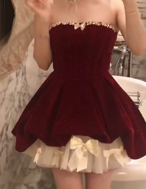 Chic Homecoming Dress Strapless Bowknot Rinestone Dress Back to School Outfits Party Dress  D6332