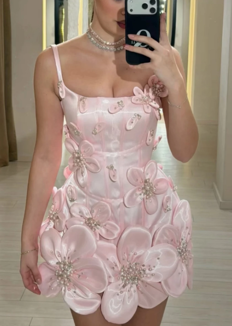 Chic Homecoming Dress Flower Beading Dress Back to School Outfits Party Dress  D6333