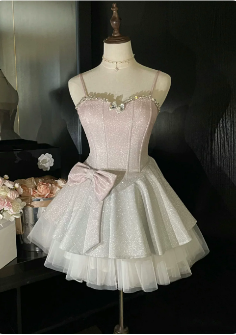 Stunning Homecoming Dress Spaghetti Strap Bowknot Dress Back to School Outfits Party Dress  D6337