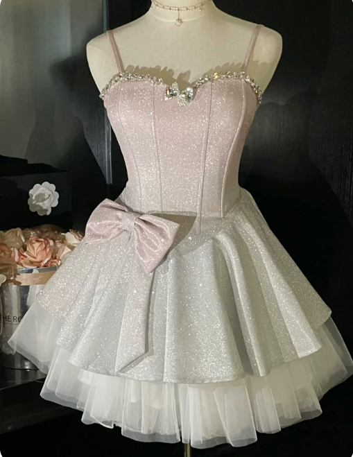 Stunning Homecoming Dress Spaghetti Strap Bowknot Dress Back to School Outfits Party Dress  D6337