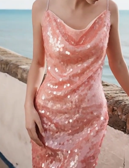 Shiny Prom Dress Spaghetti Strap Sequins Tulle Dress Evening Dress   D6319