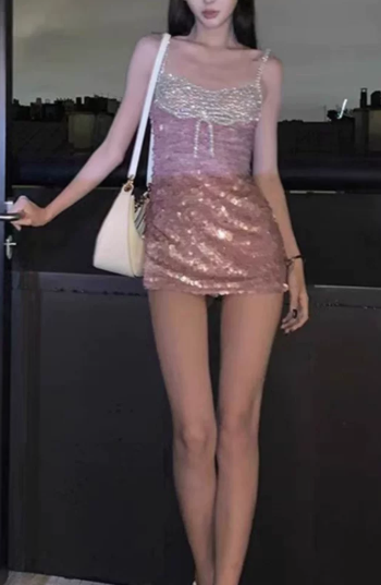 Shiny Homecoming Dress Spaghetti Strap Sequins Dress Back to School Outfits Party Dress  D6341