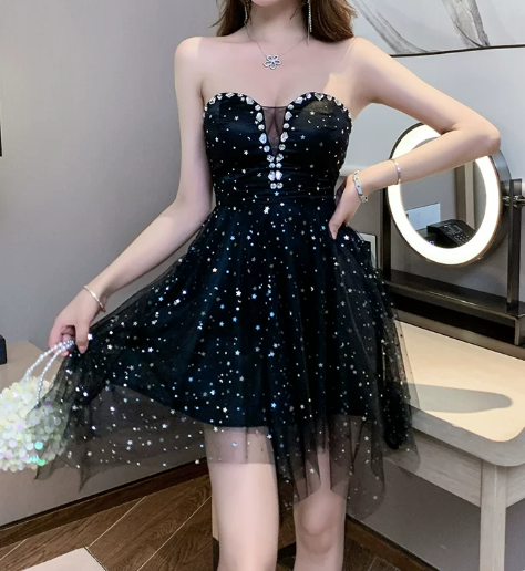 New Homecoming Dress V Neck Rinestone Tulle Dress Back to School Outfits Party Dress  D6344