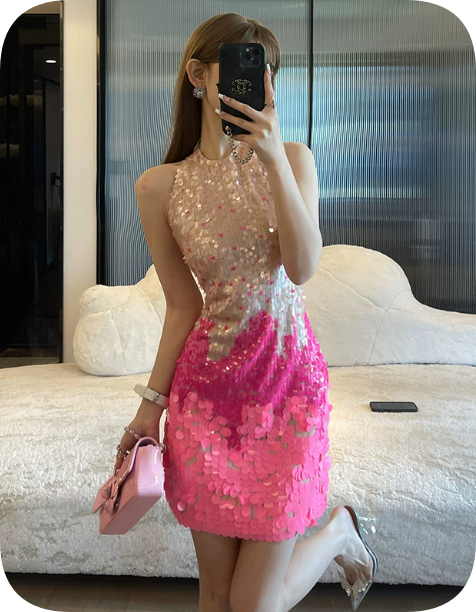 New Homecoming Dress Halter Sequins Dress Back to School Outfits Party Dress  D6372