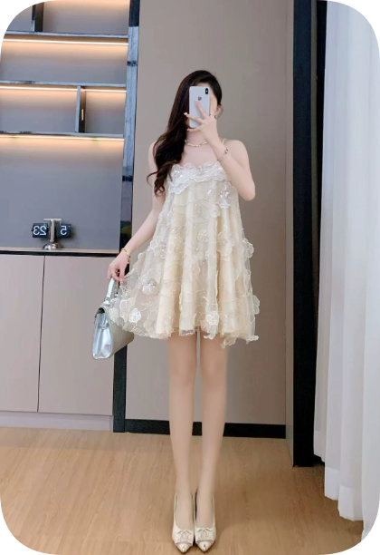 New Homecoming Dress Sheer Straps Flower Beading Dress Back to School Outfits Party Dress  D6348