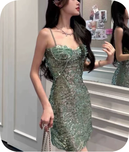 Shiny Homecoming Dress Spaghetti Strap Sequins Dress Back to School Outfits Party Dress  D6380