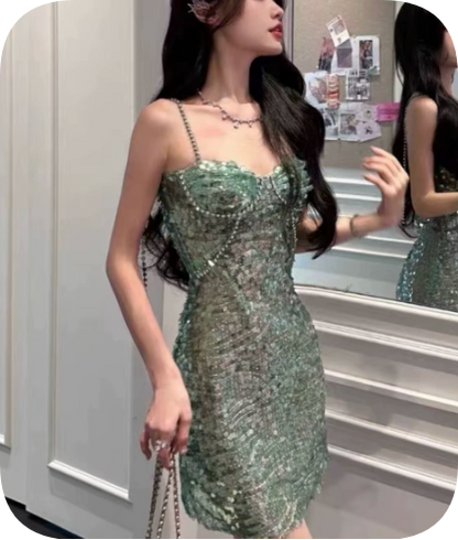Shiny Homecoming Dress Spaghetti Strap Sequins Dress Back to School Outfits Party Dress  D6380