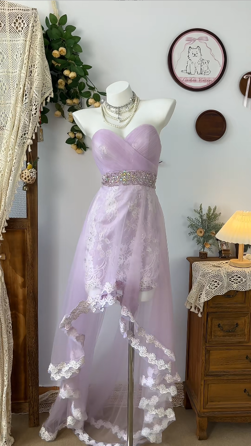 Elegant Homecoming Dress Sweetheart Hi-Lo Rinestone Back to School Outfits Party Dress  D6499