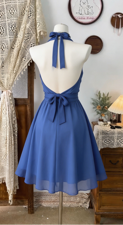 Elegant Homecoming Dress Halter Bowknot Backless Back to School Outfits Party Dress  D6491