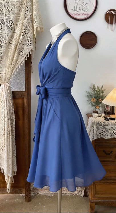 Elegant Homecoming Dress Halter Bowknot Backless Back to School Outfits Party Dress  D6491