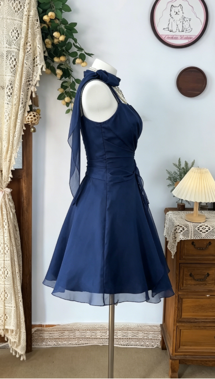 Beauty Homecoming Dress Halter Pleated Back to School Outfits Party Dress  D6494