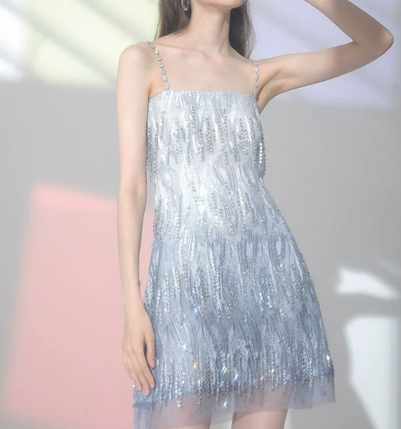 Shiny Homecoming Dress Spaghetti Strap Tassel Back to School Outfits Party Dress  D6505