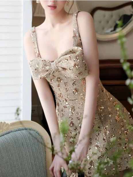 Shiny Homecoming Dress Spaghetti Strap Sequins Bowknot Back to School Outfits Party Dress  D6512